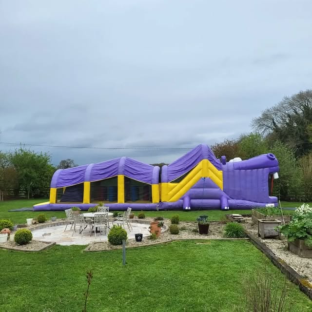 Large purple and yellow inflatable obstacle course set up on a lawn.